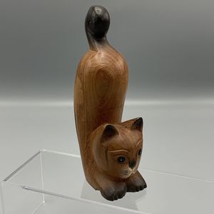 Cute Arched Back Brown Cat Hand Carved Solid Piece of Wood Halloween 6.5 in Tall
